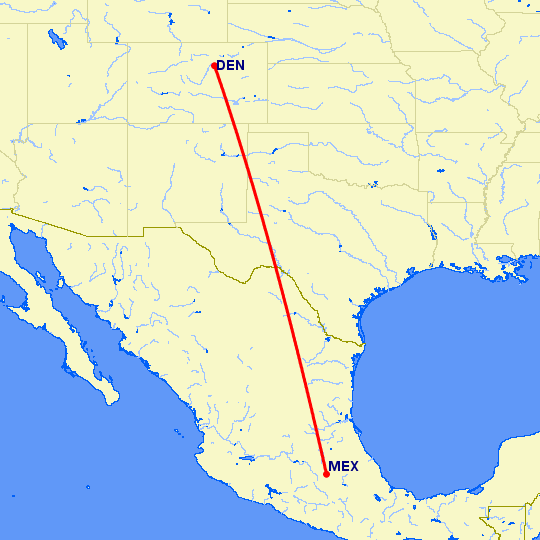 перелет Денвер — Мексико Сити на карте