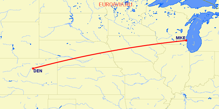 перелет Денвер — Милуоки на карте
