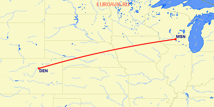 перелет Денвер — Madison на карте