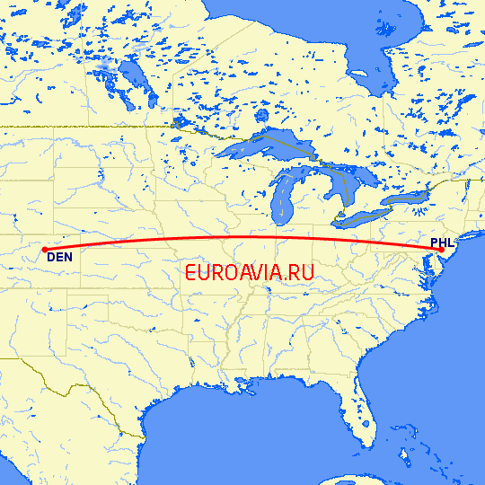 перелет Денвер — Филадельфия на карте