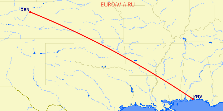перелет Денвер — Pensacola на карте