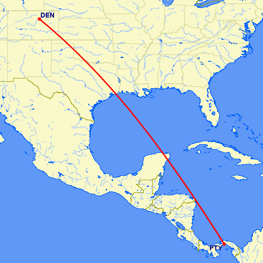 перелет Денвер — Панама Сити на карте