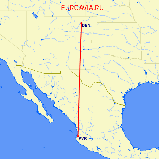 перелет Денвер — Пуэрто Ваярта на карте
