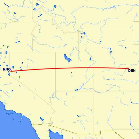 перелет Денвер — Рино на карте