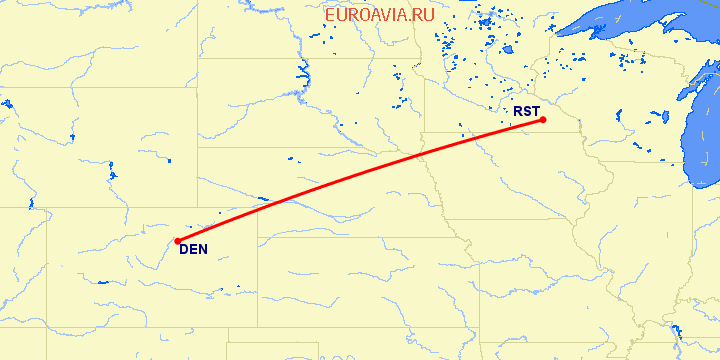 перелет Денвер — Рочестер на карте