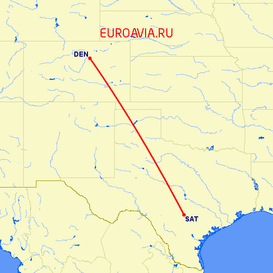 перелет Денвер — Сан Антонио на карте