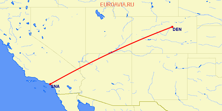 перелет Денвер — Санта Ана на карте