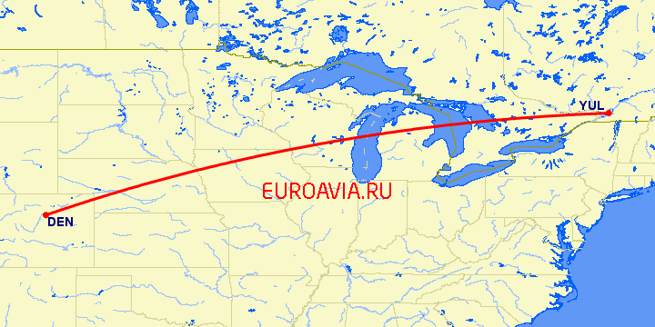 перелет Денвер — Монреаль на карте