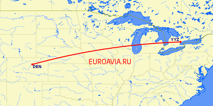 перелет Денвер — Торонто на карте