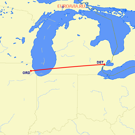 перелет Детройт — Чикаго на карте