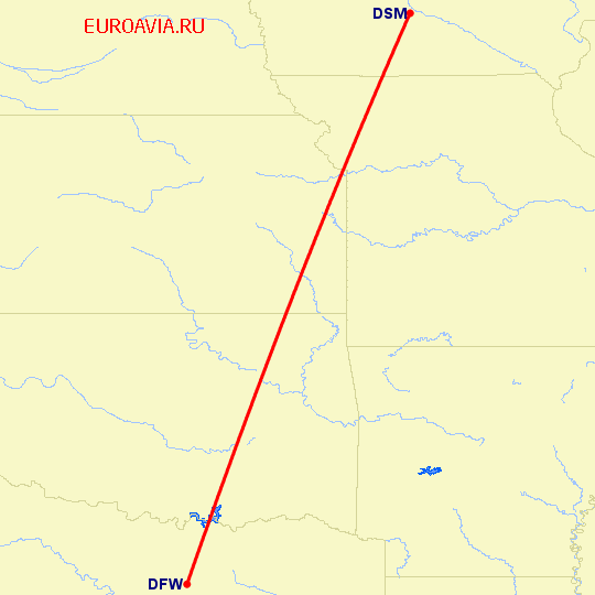 перелет Даллас — Des Moines на карте