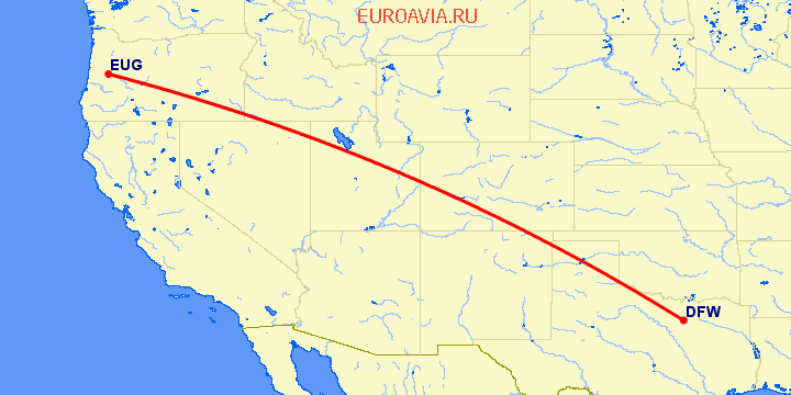 перелет Даллас — Юджин на карте