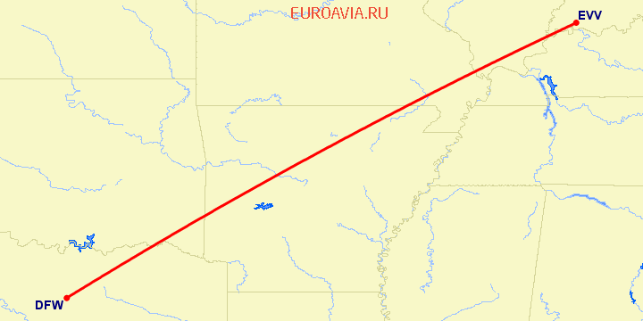 перелет Даллас — Evansville на карте