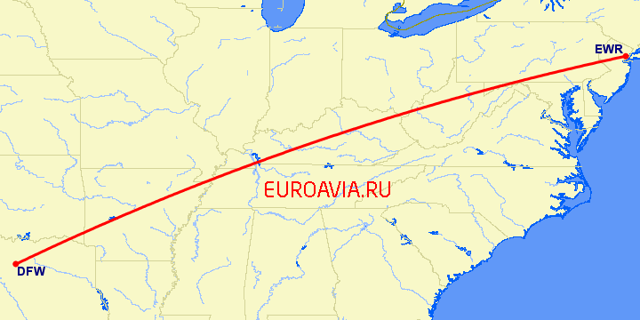 перелет Даллас — Ньюарк на карте