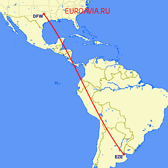 перелет Даллас — Буэнос Айрес на карте