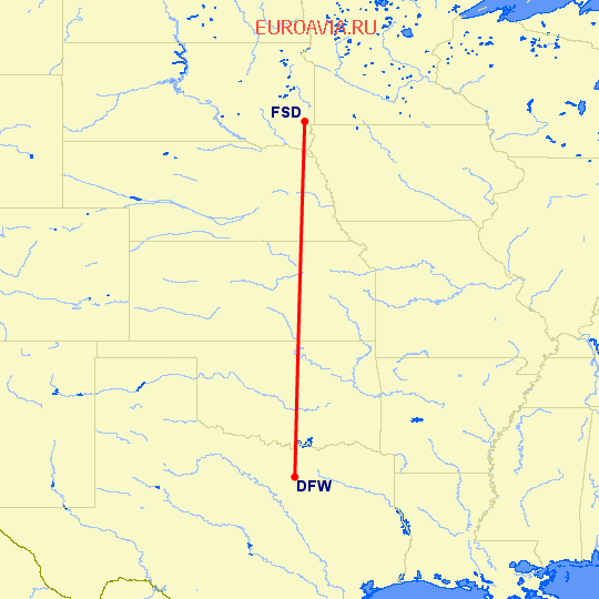 перелет Даллас — Sioux Falls на карте