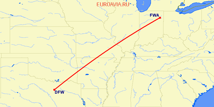 перелет Даллас — Форт Уэйн на карте