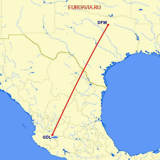 перелет Даллас — Гуадалахара на карте