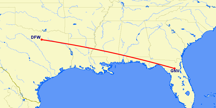 перелет Даллас — Гейнсвилль на карте