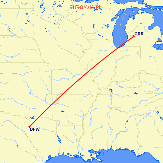 перелет Даллас — Гранд Рапидс на карте