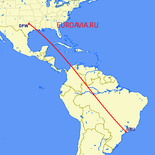 перелет Даллас — Сан Паулу на карте