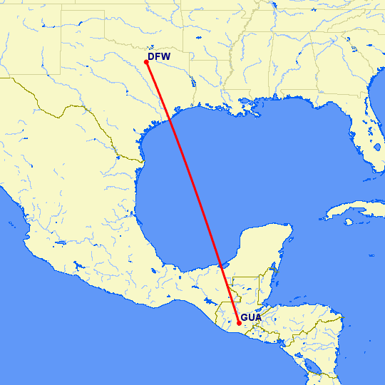 перелет Даллас — Гватемала Сити на карте