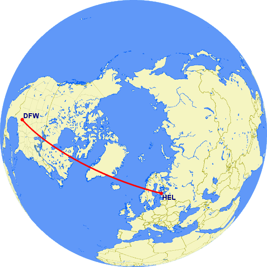 перелет Даллас — Хельсинки на карте