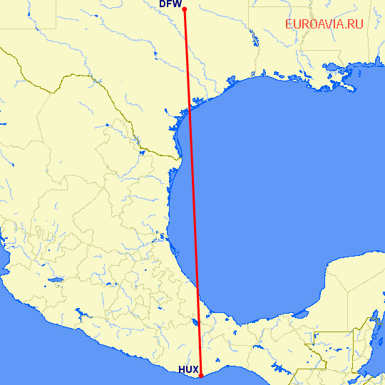 перелет Даллас — Хуатулко на карте