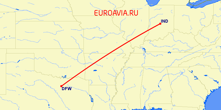 перелет Даллас — Индианаполис на карте