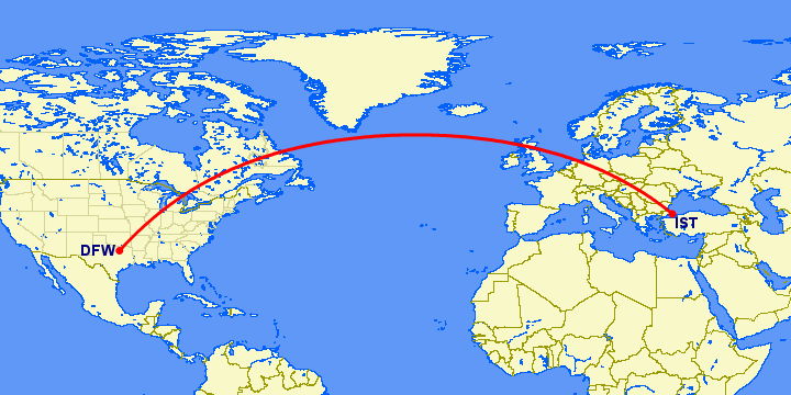 перелет Даллас — Стамбул на карте