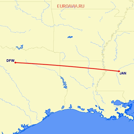 перелет Даллас — Джексон на карте