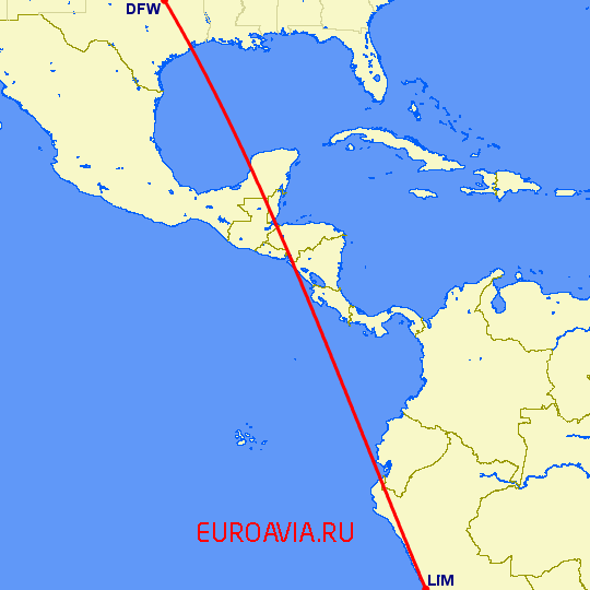 перелет Даллас — Лима на карте