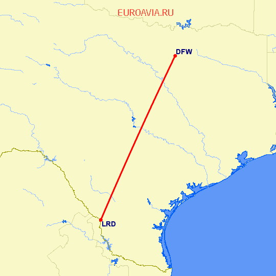 перелет Даллас — Ларедо на карте