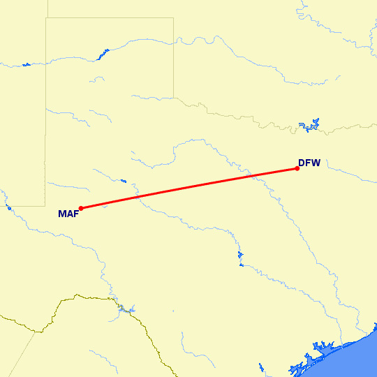 перелет Даллас — Мидленд на карте