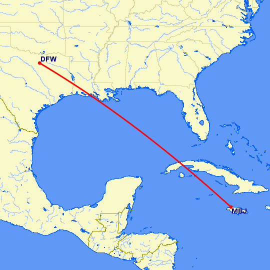 перелет Даллас — Монтего Бей на карте