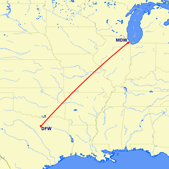 перелет Даллас — Чикаго на карте