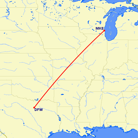 перелет Даллас — Милуоки на карте