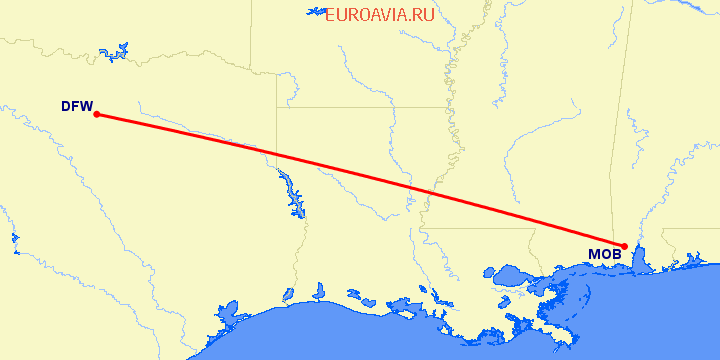 перелет Даллас — Алабама на карте