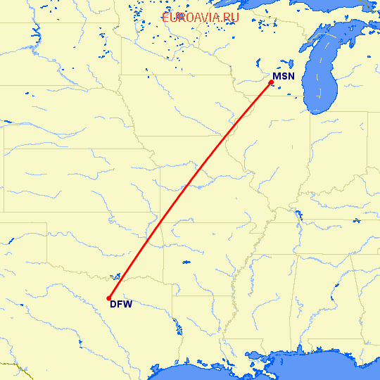 перелет Даллас — Madison на карте