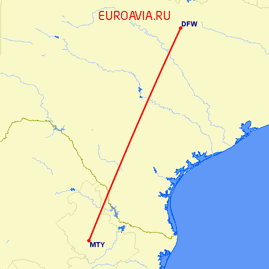перелет Даллас — Монтеррей на карте
