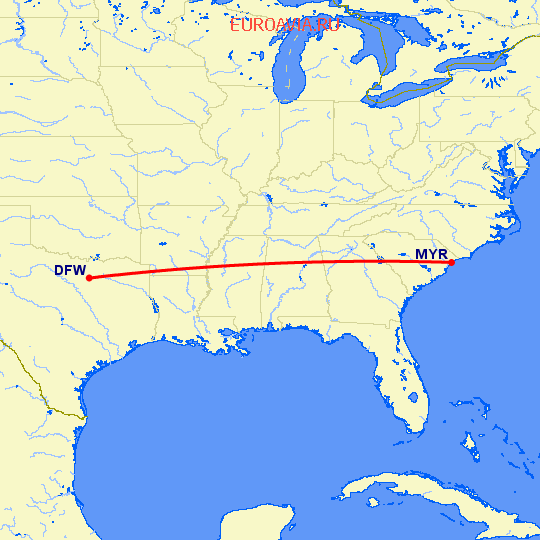 перелет Даллас — Миртл Бич на карте