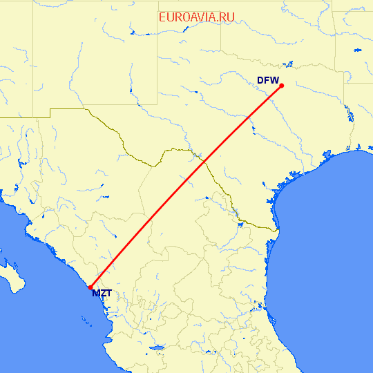 перелет Даллас — Мазатлан на карте