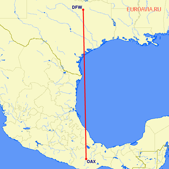 перелет Даллас — Оксака на карте