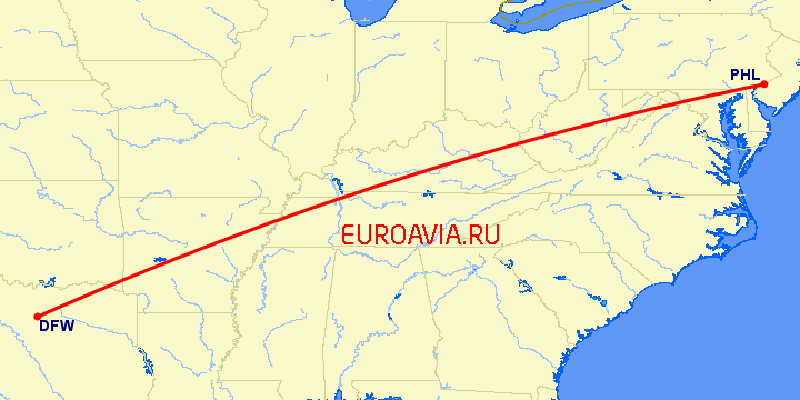 перелет Даллас — Филадельфия на карте