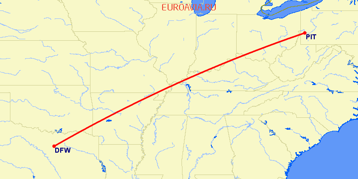 перелет Даллас — Питтсбург на карте