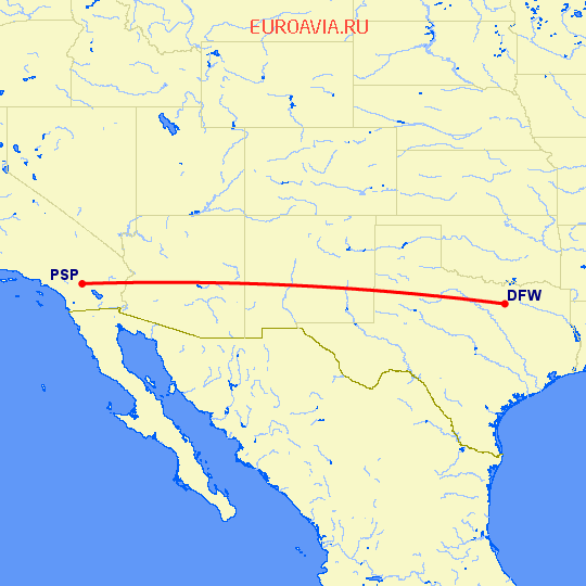 перелет Даллас — Палм Спрингс на карте
