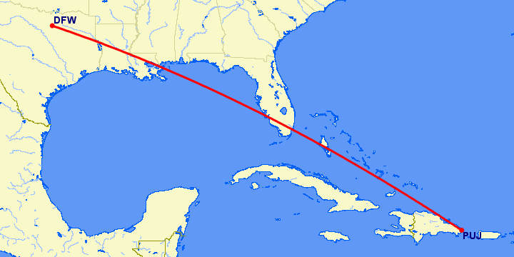 перелет Даллас — Пунта Кана на карте