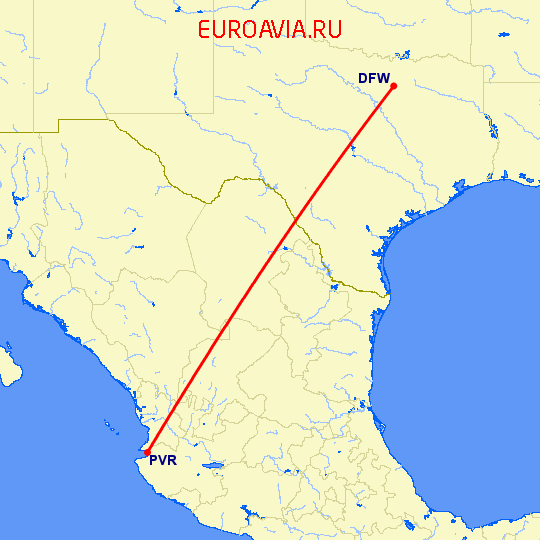 перелет Даллас — Пуэрто Ваярта на карте