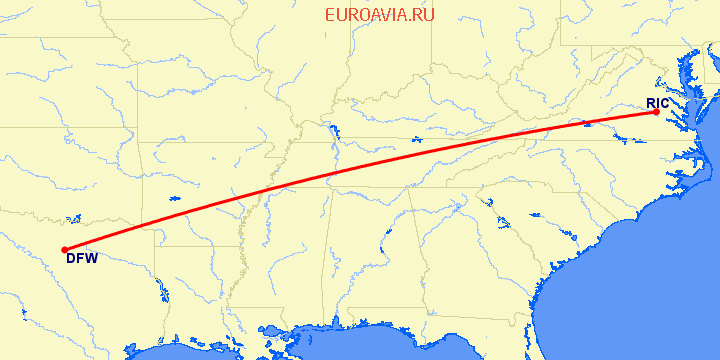 перелет Даллас — Ричмонд на карте