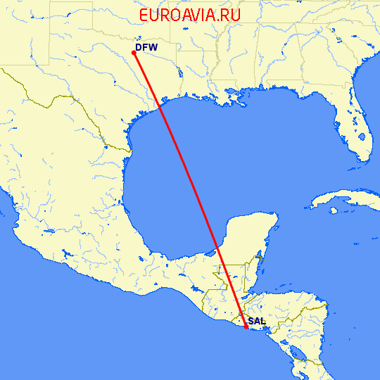 перелет Даллас — Сан Сальвадор на карте